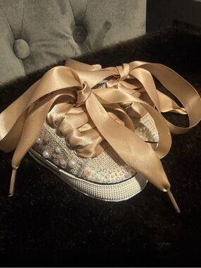 Satin Ribbon Embellished Baby Sneaker - Champagne